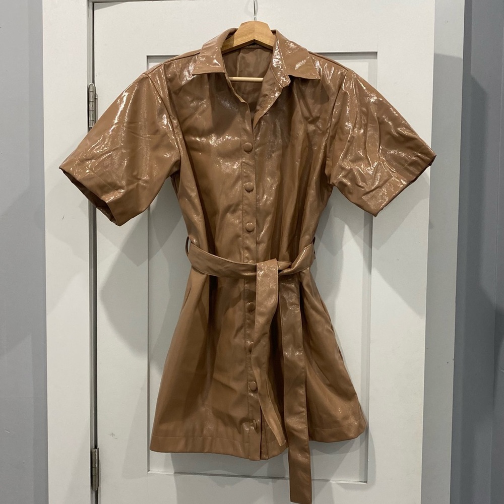NASTY GAL Tan Vinyl Button Down Dress